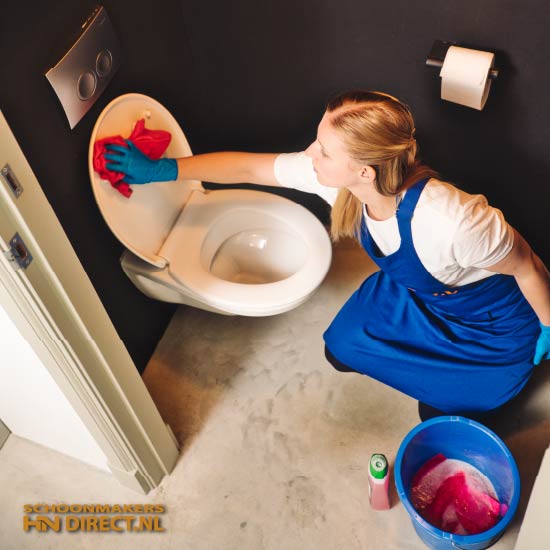 Schoonmaakster poetst toilet schoonmakersdirect.nl